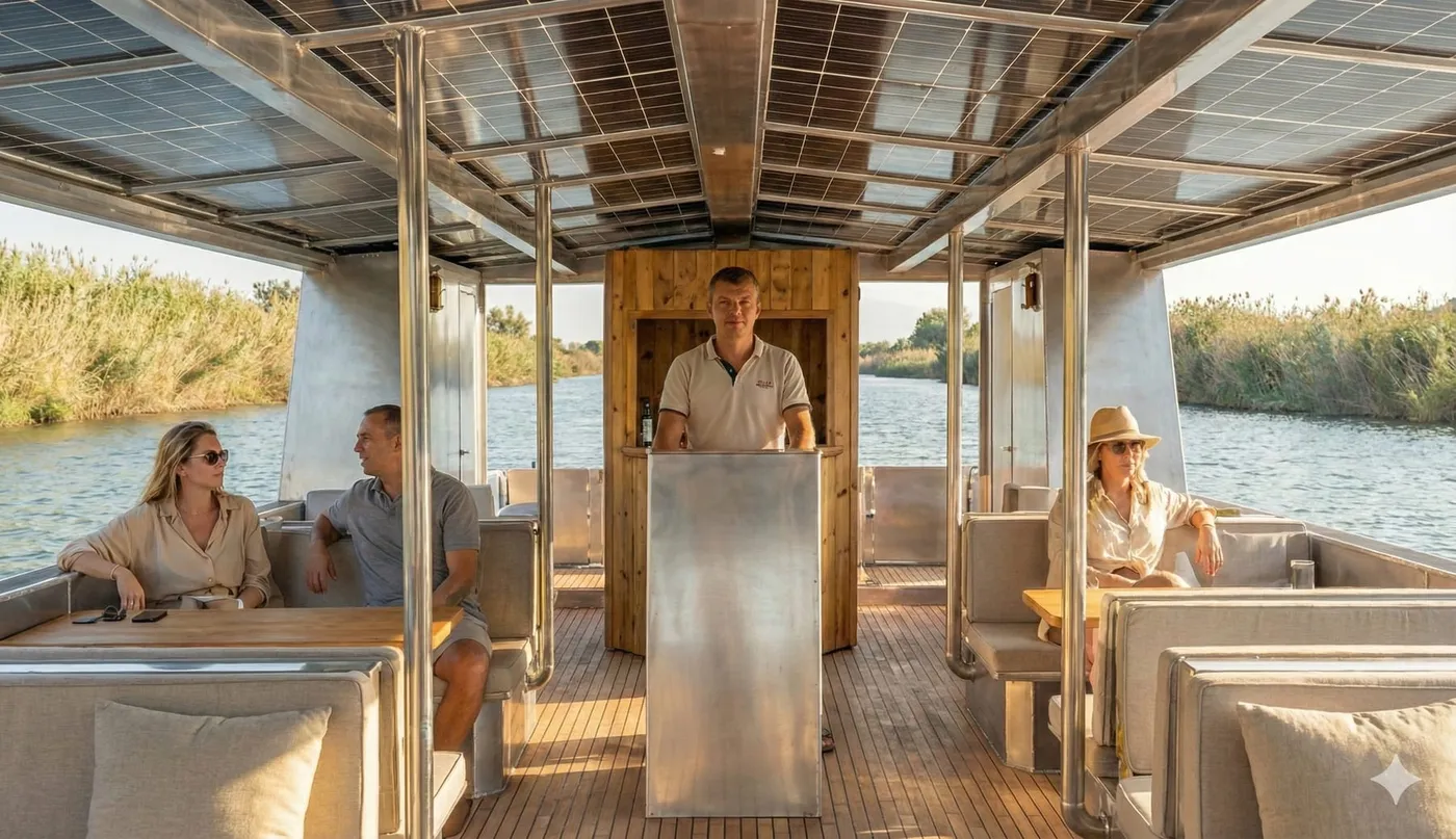 Elektrikli katamaranın güneş panelli restoran güvertesi