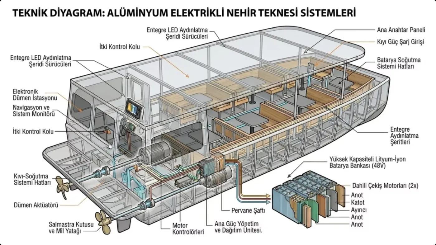 Alüminyum elektrikli nehir teknesi sistemleri — teknik diyagram